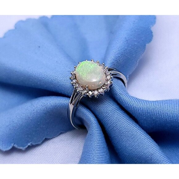 Beautiful 14K Karat Solid White Gold Designer White Opal & Diamond Ring - Size 7 - Picture 5 of 16